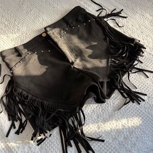 Micro Suede Black Fringe Shorts with Studded Accents